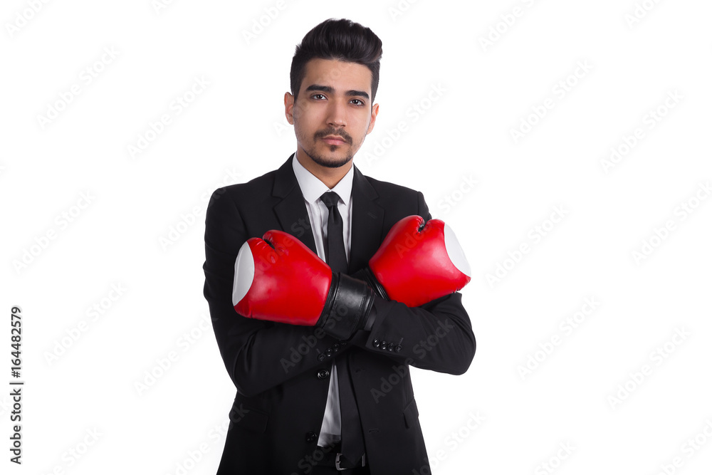 Office manager in suit and boxing gloves