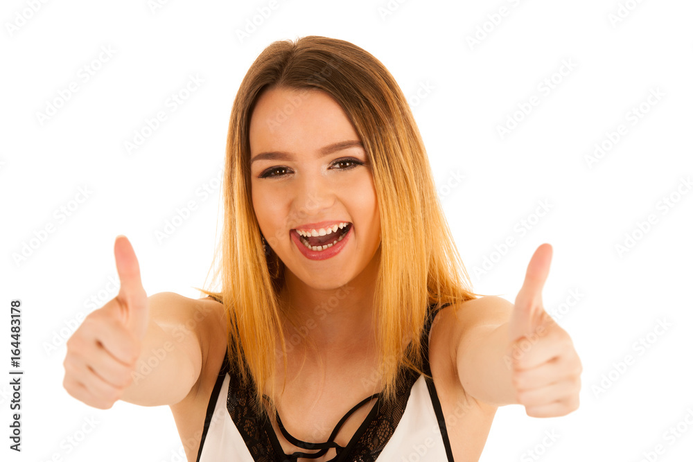 Cute young woman showing thumb up isolated over white background Cute young woman showing thumb up isolated over white background