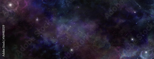 Dark Night Sky Deep Space background -  Wide dark outer space multi-coloured banner showing cloud formation, planets, stars and ethereal coloring
