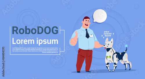 Man Playing With Robotic Dog Cute Domestic Animal Modern Robot Pet Artificial Intelligence Technology Flat Vector Illustration