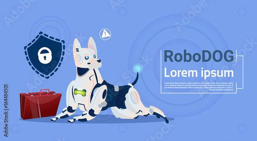 Robotic Dog Protecting Data Cute Domestic Animal Database Safety System Modern Robot Pet Artificial Intelligence Concept Flat Vector Illustration
