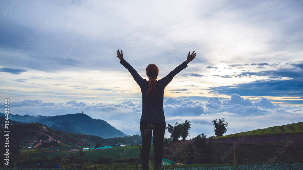 Asian women travel sleep relax. Morning atmosphere nature Forests, mountains. Phu Thap Buek Thailand Asian women travel sleep relax. Morning atmosphere nature Forests, mountains. Phu Thap Buek Thailand