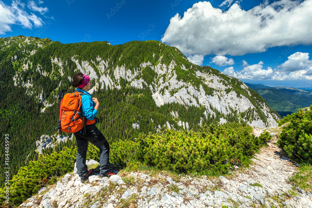 Sporty hiker woman in Carpathians, Piatra Craiului mountains, Transylvania, Romania