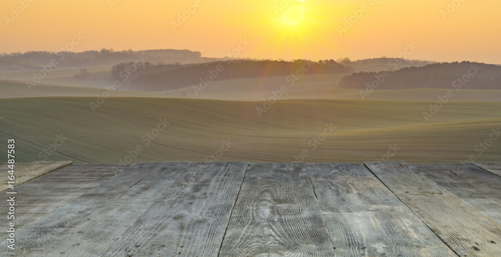 Fototapeta premium wood board table in front of field of wheat on sunset light. Ready for product display montages