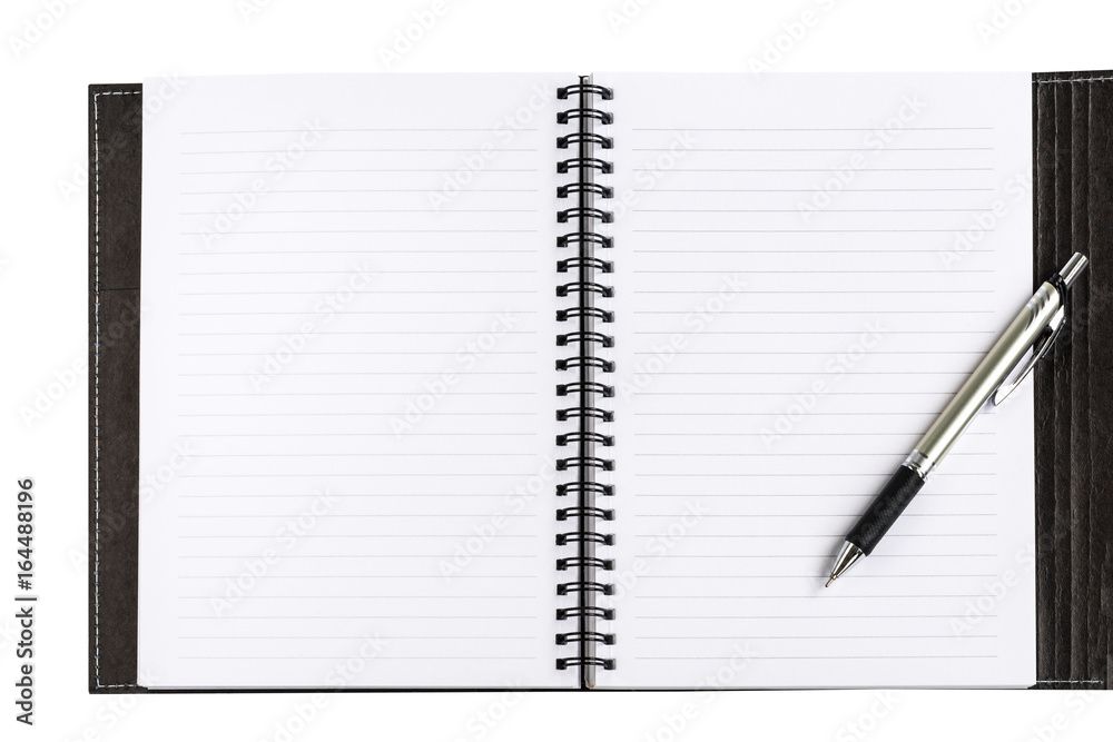 Notebook clean blank white paper with lines and black cover and formal pen on white background for text decoration or insertion Notebook clean blank white paper with lines and black cover and formal pen on white background for text decoration or insertion