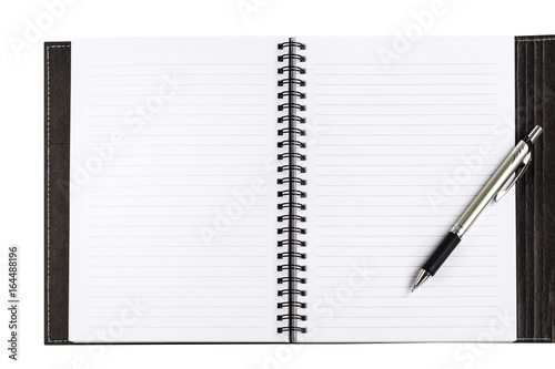 Notebook clean blank white paper with lines and black cover and formal pen on white background for text decoration or insertion