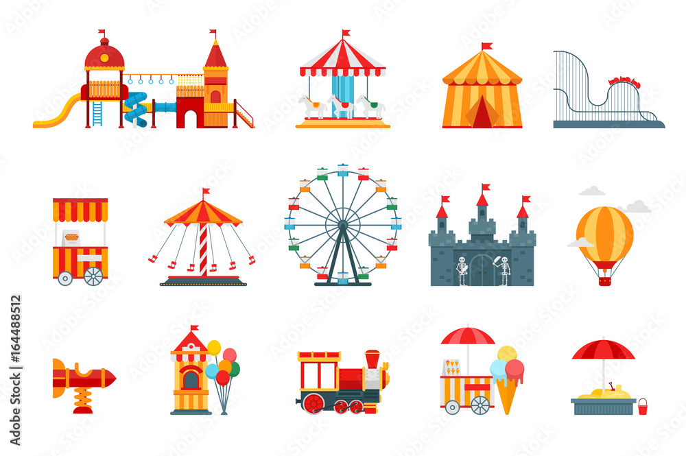 Naklejka premium Amusement park vector flat elements, fun icons, isolated on white background with ferris wheel, castle, attractions, circus, air balloon, swings, carousel. Architecture entertainment elements vector
