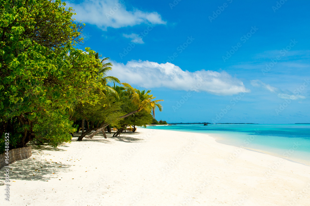 Beautiful sandy beach with sunbeds and umbrellas in Indian ocean, Maldives island Beautiful sandy beach with sunbeds and umbrellas in Indian ocean, Maldives island