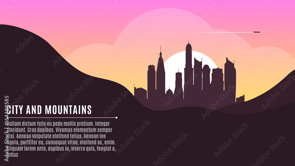Sunrise in the metropolis. Morning city. Big skyscrapers. A place for your project. Hilly dark mountains. Purple Sunrise