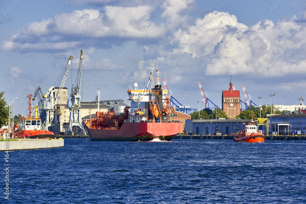 Small tanker entering port, Gdansk, Poland