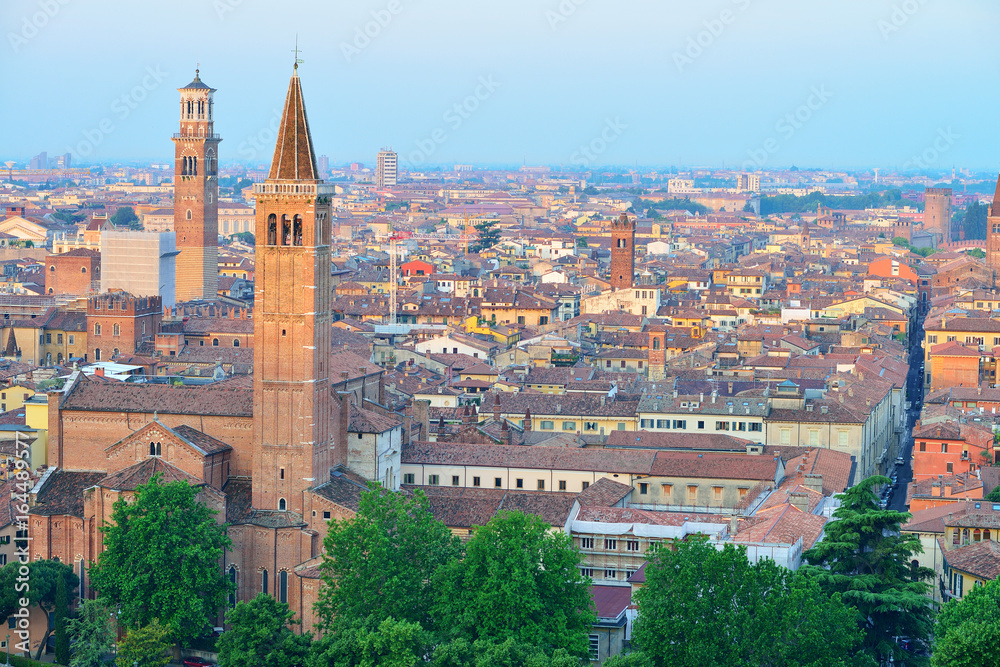 Verona. Image of Verona, Italy during summer sunrise. The famous tourist sight. Main observation deck.