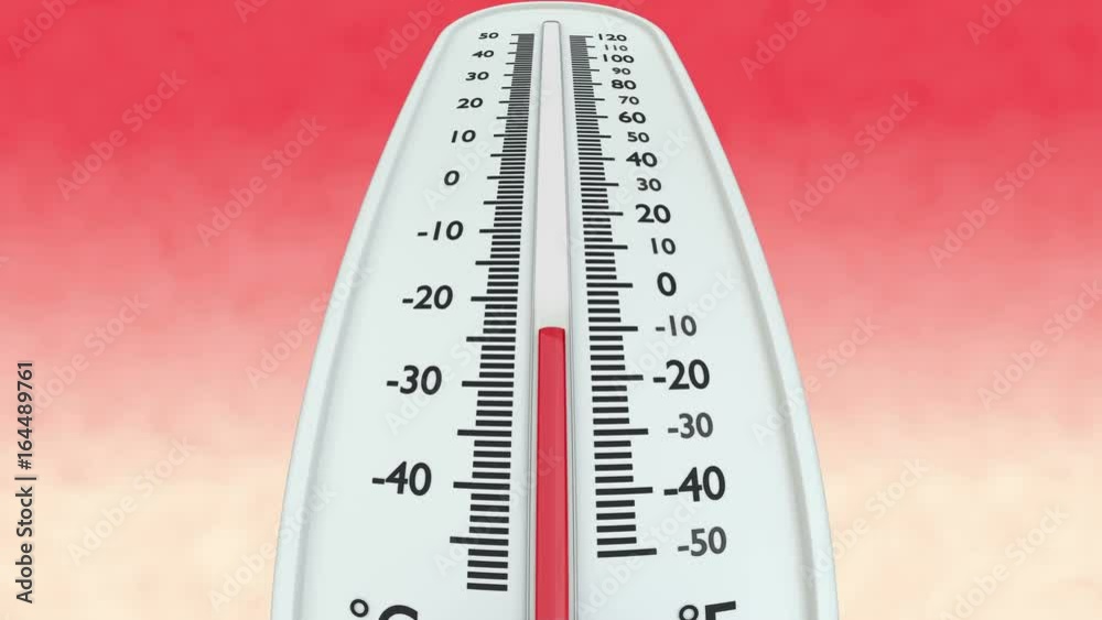 Thermometer with increasing temperature on red background.
Animation of red mercury rising in thermometer. Mask included.