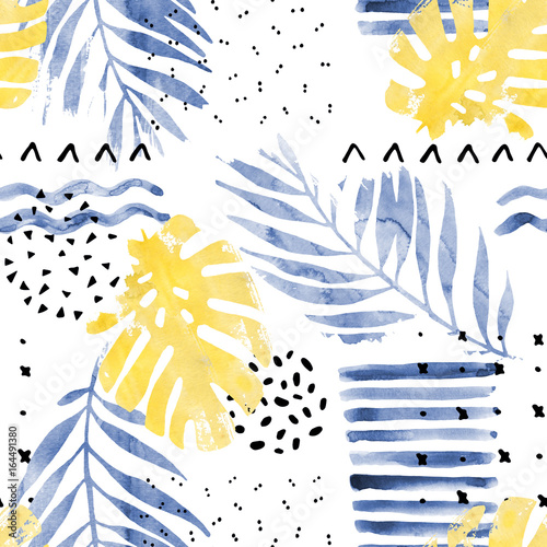 Hand drawn illustration with floral elements, watercolor textures, dry rough ...