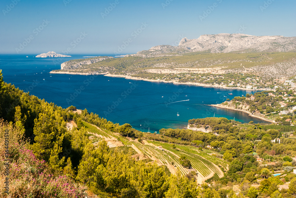 Panoramic view of the coastline near Cassis seen from the Route des Cretes (Provence, France)