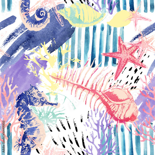 Creative abstract watercolor marine seamless pattern.