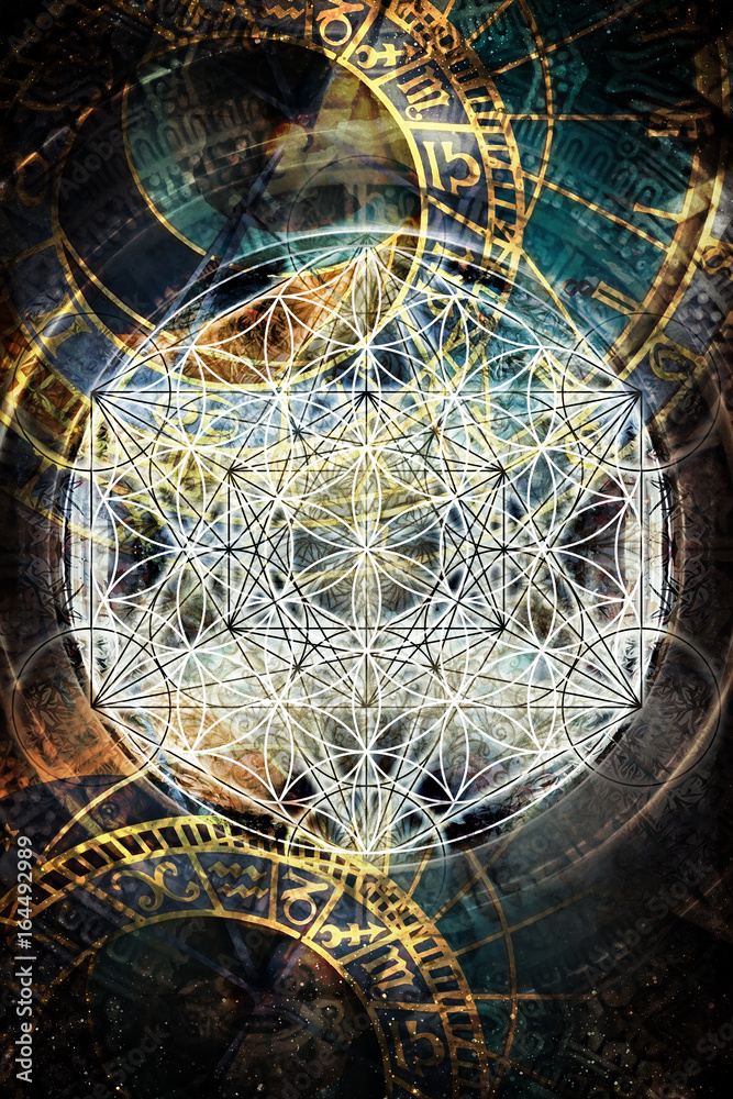 Light merkaba and flower of life and zodiac in cosmic space. Sacred geometry.