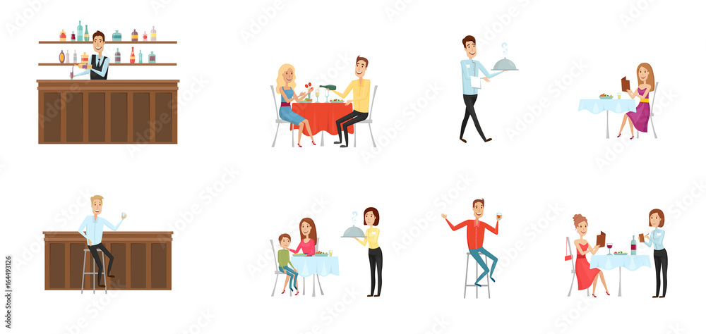 Set of people in restaurant and at the bar. Flat and cartoon style. Different background. Vector illustration.