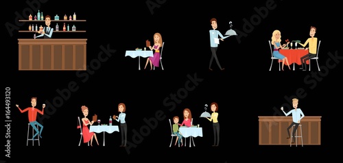 Set of people in restaurant and at the bar. Flat and cartoon style. Different background. Vector illustration.
