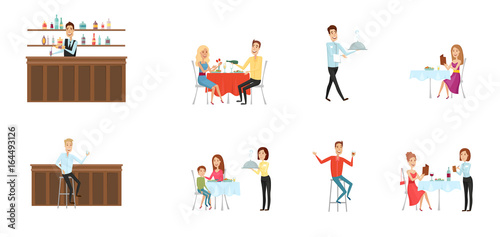 Set of people in restaurant and at the bar. Flat and cartoon style. Different background. Vector illustration. © Svetlana