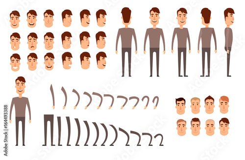 Man character creation set. Icons with different types of faces, emotions, clothes. Front, side, back view of male person. Moving arms, legs. Chair. Board. Flat and cartoon style. Vector illustration.