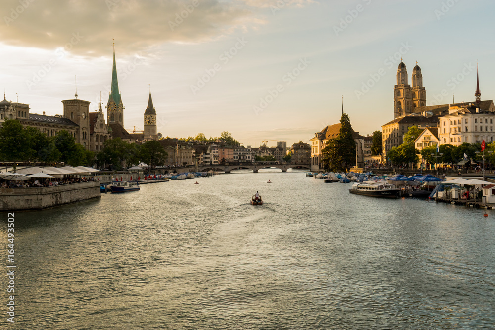 Sunset over Limmat in Zurich, Switzerland