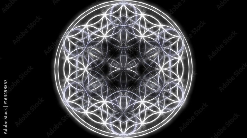 Flower of life on black background, fractal effect. Sacred geometry. Flower of life on black background, fractal effect. Sacred geometry.