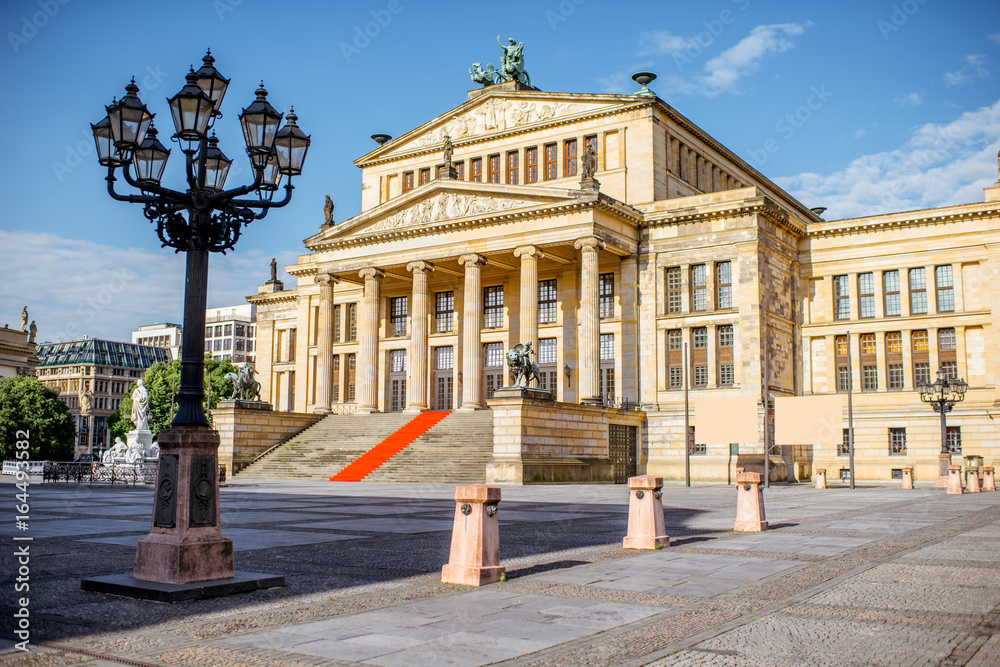 Viiew on the Gendarmenmarkt square with concert house building during the morning light in Berlin city