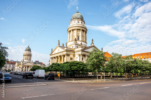 Street view with French cathedral during the morning light in Berlin city