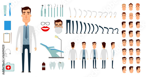 Dentist character creation set. Icons with different types of faces, emotions, clothes. Front, side, back view of male person. Moving arms, legs. Flat and cartoon style. Vector illustration.