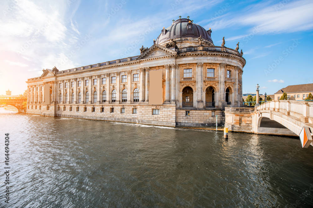Beautiful riverside view on the Bode museum during the sunrise in Berlin city