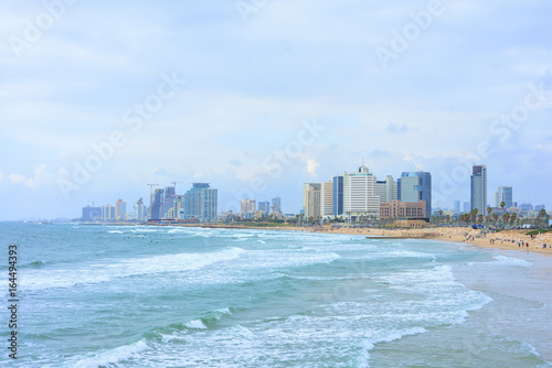 TEL AVIV, ISRAEL - APRIL, 2017: View of the coastline of Tel Aviv in cloudy weather. Famous tourist view, overview © Stanislav Samoylik