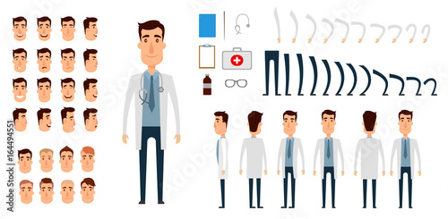 Doctor character creation set. Icons with different types of faces, emotions, clothes. Front, side, back view of male person. Moving arms, legs. Flat and cartoon style. Vector illustration.