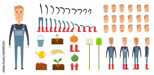 Farmer character creation set. Icons with different types of faces, emotions, clothes. Front, side, back view male person. Moving arms, legs. Chair. Board. Flat and cartoon style. Vector illustration.