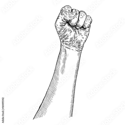 Hand gesture sketch. Man wrist illustration isolated on white background. Hand drawn engraving style of male raise high up fist. Vector.