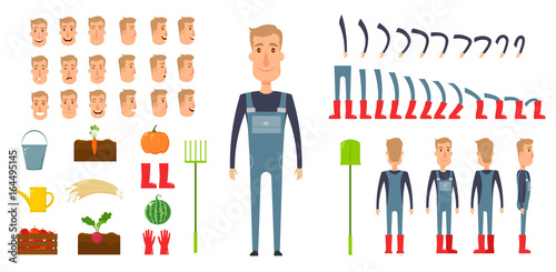 Farmer character creation set. Icons with different types of faces, emotions, clothes. Front, side, back view male person. Moving arms, legs. Chair. Board. Flat and cartoon style. Vector illustration.