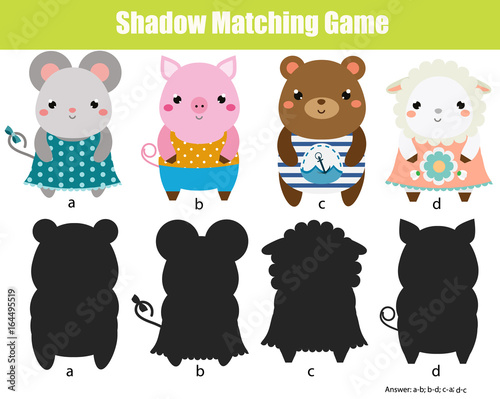 Shadow matching game. Kids activity. Animals theme