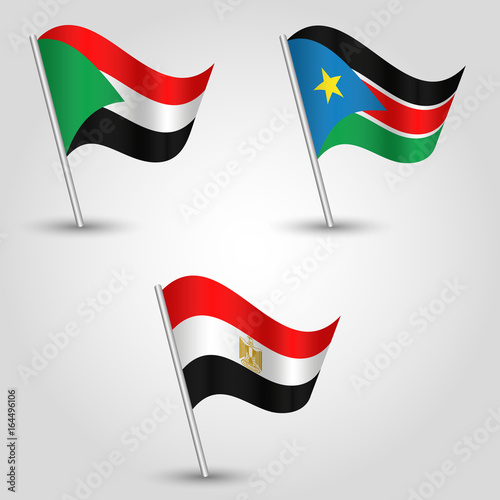 vector set of waving flags states of african nile valley on silver pole - icon of states sudan, south sudan and egypt