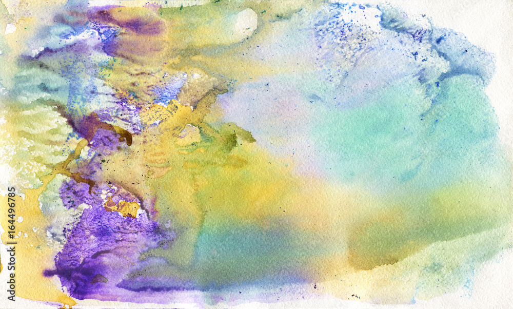 Hand drawn light colorful background. Painting purple, yellow, blue splashes. Watercolor wet abstract illustration in vintage style