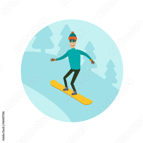 A man, boy, young person snowboarding in the mountains. Different background. Flat and cartoon style. Vector illustration.