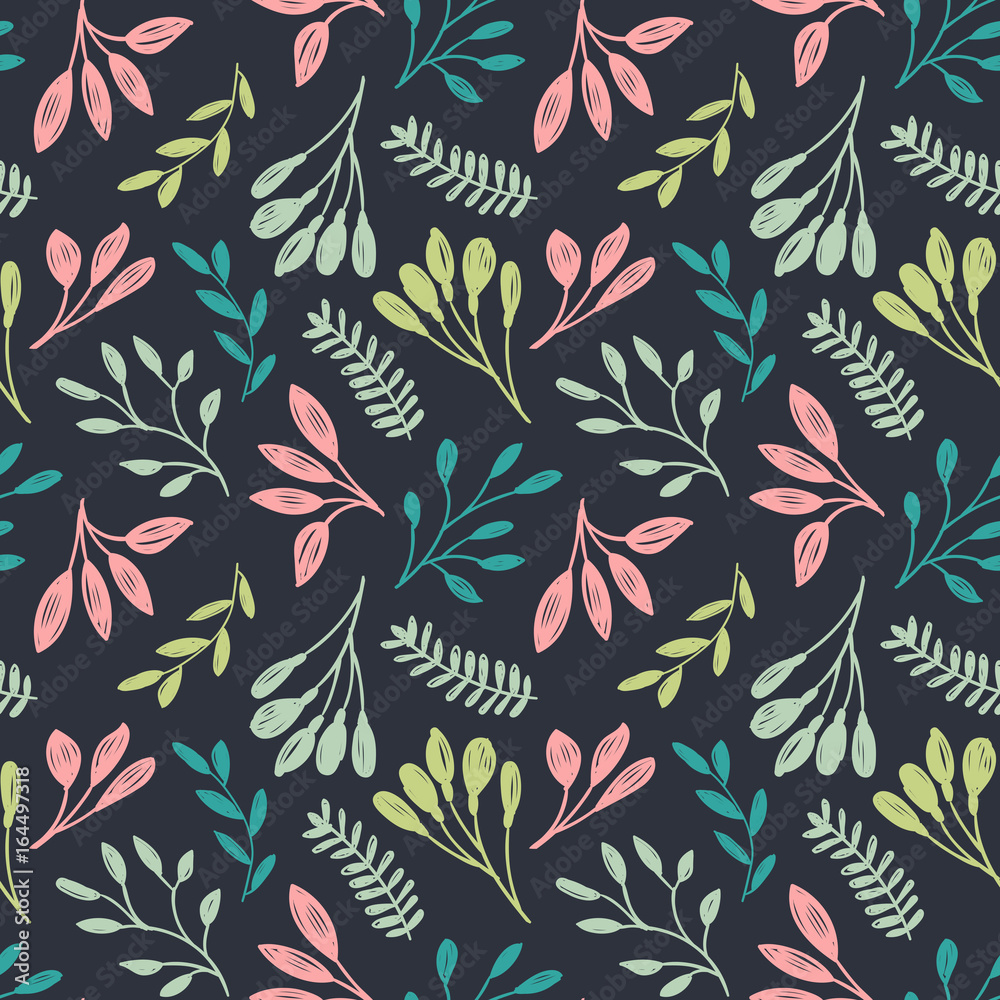 Fototapeta premium Leaf floral print. Dark vector seamless pattern.