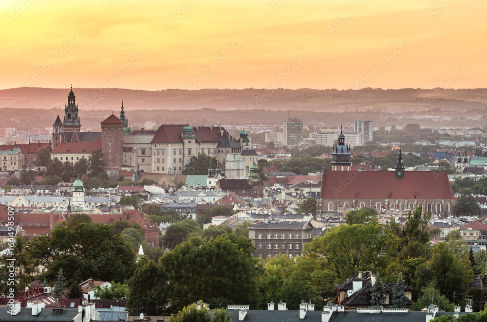 Krakow panorama from Krakus Mound, Poland landscape during sunset.