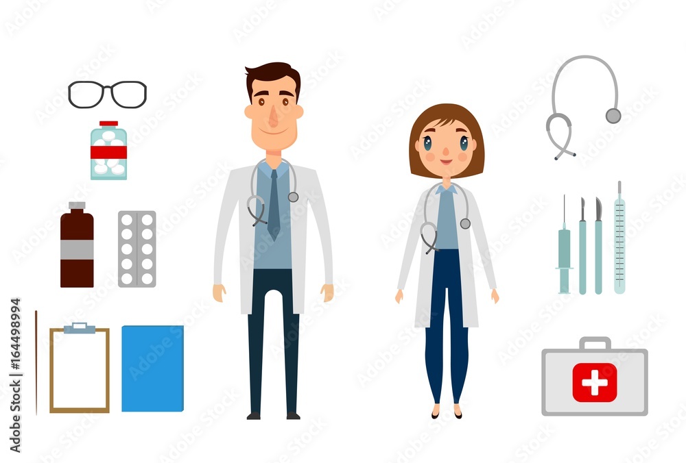 Character of medicine person man and woman. Flat and cartoon style. Vector illustration. White background. Character of medicine person man and woman. Flat and cartoon style. Vector illustration. White background.