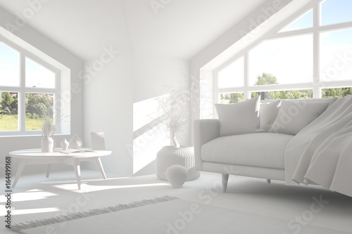 White room with sofa and summer landscape in window. Scandinavian interior design. 3D illustration © AntonSh