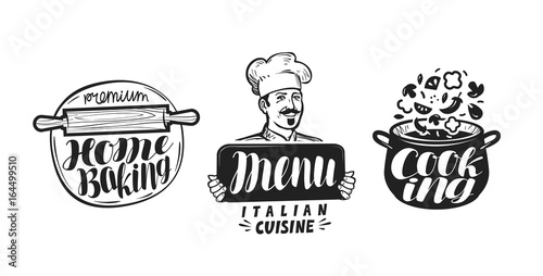 Cooking, cuisine logo. Icon and label for design menu restaurant or cafe. Handwritten lettering, calligraphy vector illustration