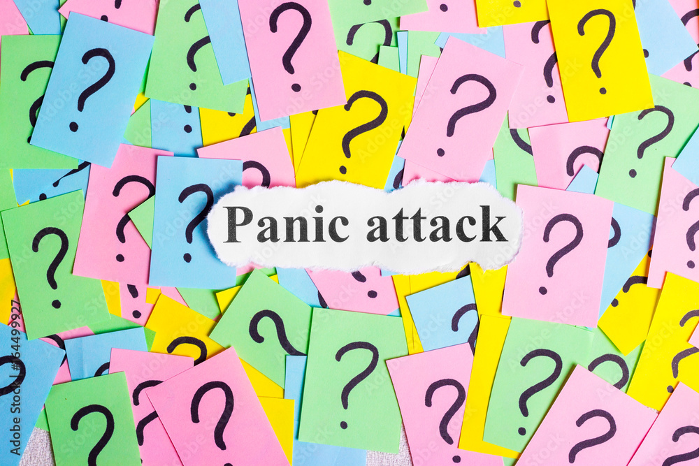 Panic Attack Syndrome text on colorful sticky notes Against the background of question marks