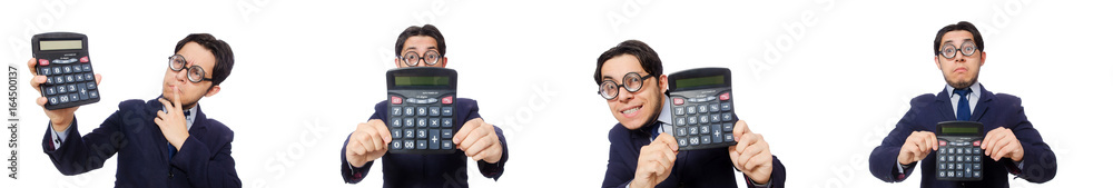 Funny man with calculator isolated on white Funny man with calculator isolated on white