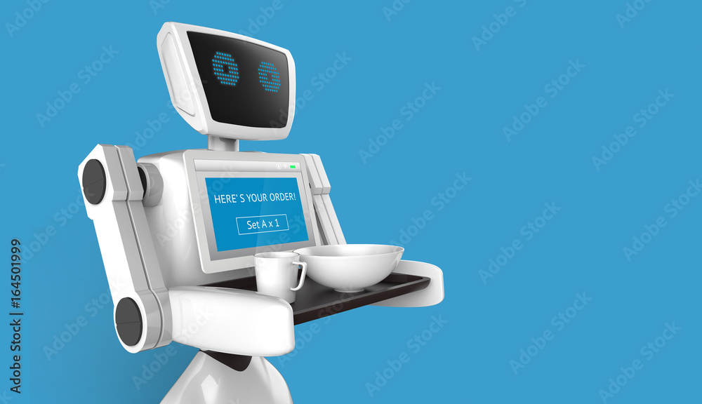 Robotics Trends technology business concept. Autonomous personal assistant  personal robot for serve foods in restaurant with blue background. 3D  rendering Stock Illustration | Adobe Stock