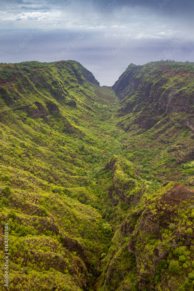 Luftaufnahme über einem steilen Tal an der Na Pali Coast von Kauai, Hawaii, USA.