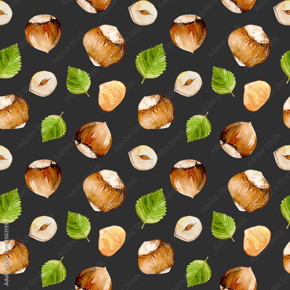 Seamless pattern with watercolor hazelnut elements, hand painted isolated on a dark background Seamless pattern with watercolor hazelnut elements, hand painted isolated on a dark background