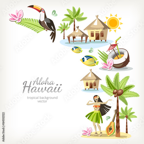 hawaii aloha background banner frame with border of traditional hawaiian objects summer travel card